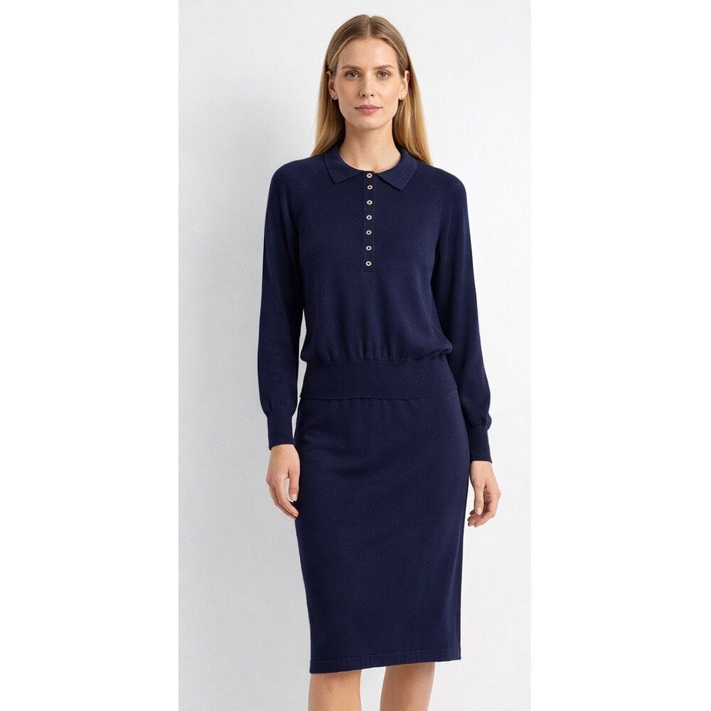 Vintage 90s Geoffrey Beene Navy Cotton Knit Sweater & Skirt Set USA Made XS